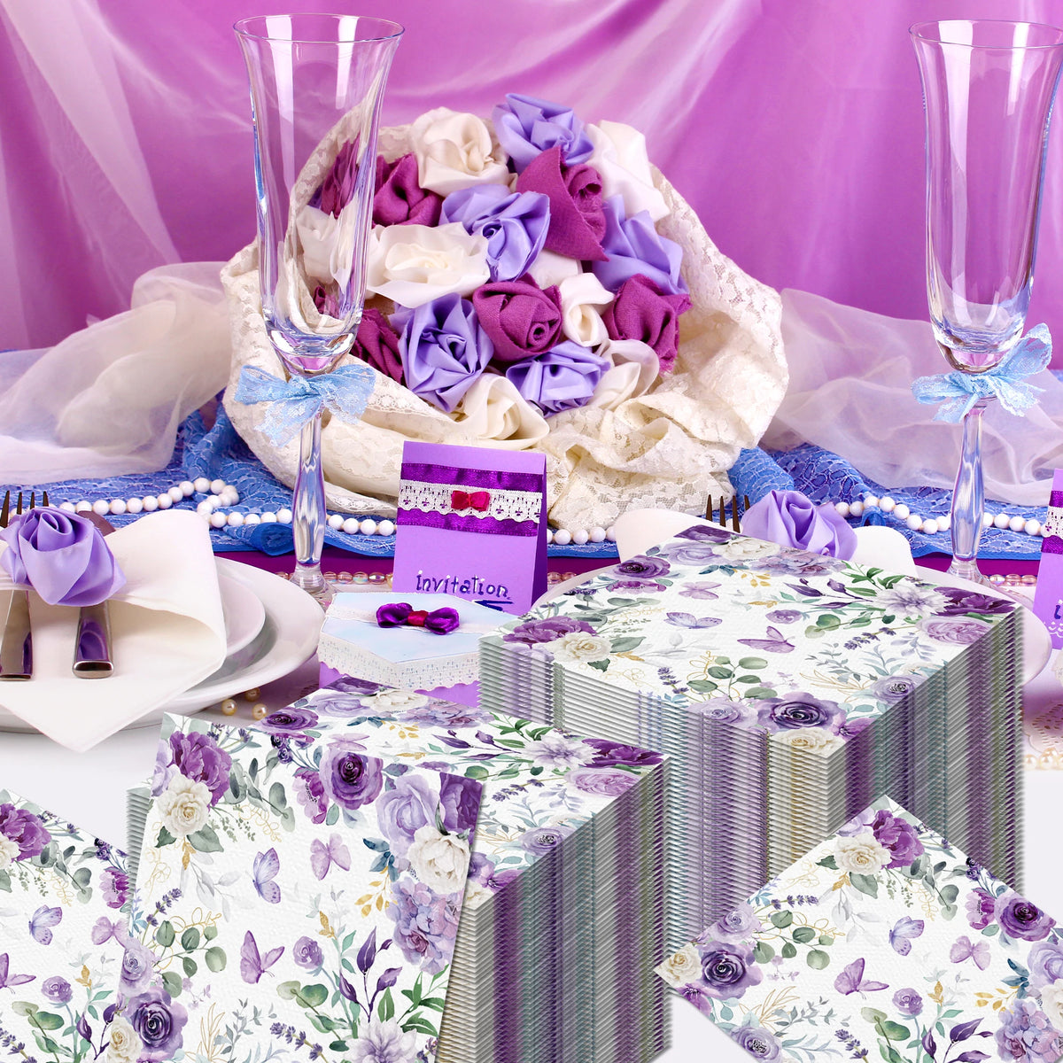 serviettes papier fleur violettes roses pivoines serviettes coeurs anniversaire mariage fêtes