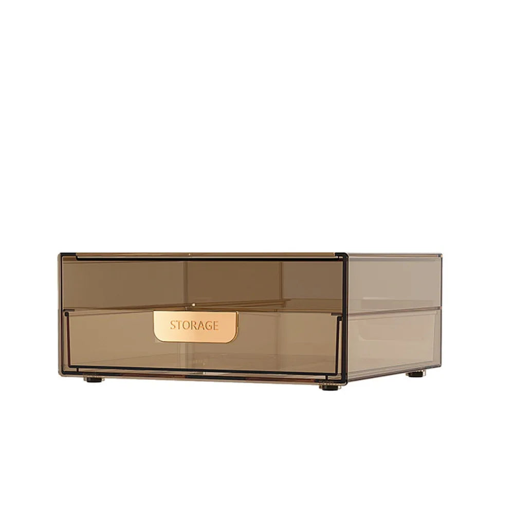 boîtes rangement cosmétique marron clair transparentes compartiments modernes pinceaux maquillage crèmes boucles d'oreilles masques
