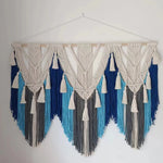 tapisserie macramé boho blanc gris bleu orange motifs géométriques franges crochet chambre