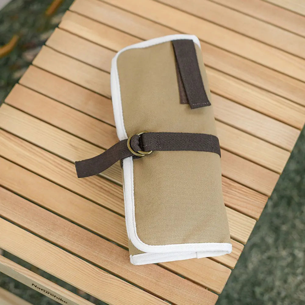 organisateur pliable ustensiles cuisine sac toile respectueux environnement sangles velcro spatules cuillères serviette rayée