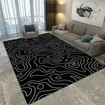 tapis salon moderne motif lignes ondulées bleu marine noir blanc décoratif intérieur maison