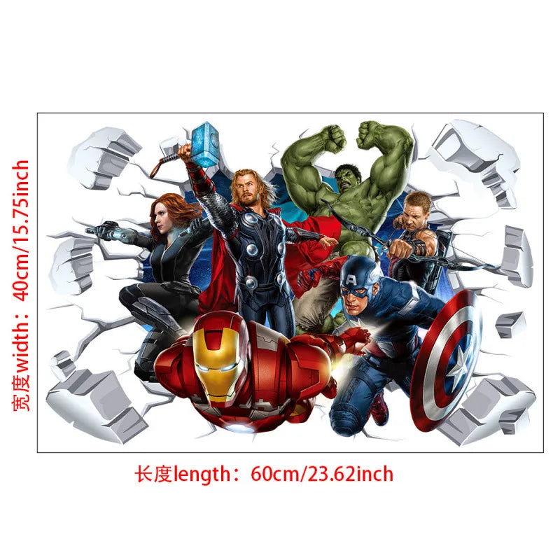 sticker mural 3d super héros hulk iron man captain america thor rouge bleu vert
