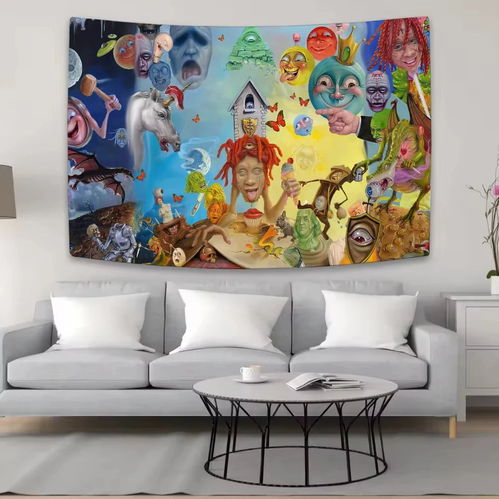 tapisserie murale multicolore fantastique personnages animaux art contemporain décoration intérieure chambre salon bleu jaune