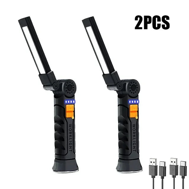 lampe travail rechargeable usb aimant noir lumiere led forte réglages luminosité camping auto défense