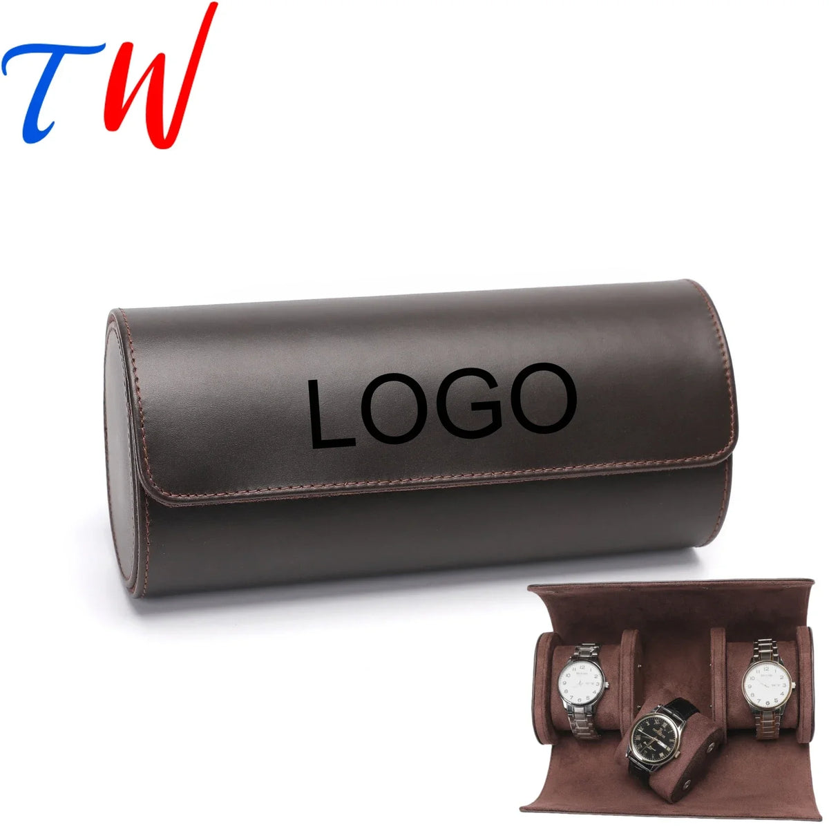 boîte rangement montres cuir velours marron clips métalliques places classique