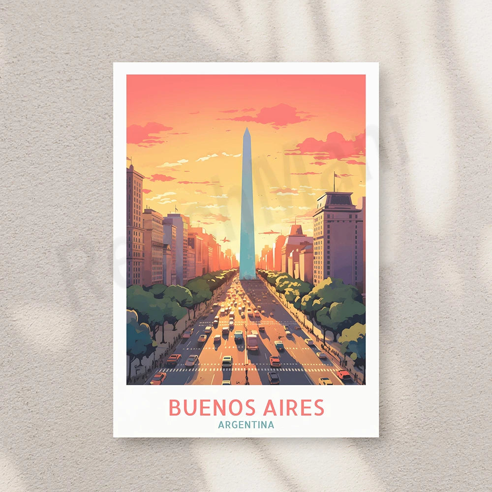 Le paysage urbain de Buenos Aires, en Argentine, est représenté dans cette image, avec ses gratte-ciel, ses rues animées et son célèbre obélisque se dressant dans un ciel coloré au coucher du soleil.