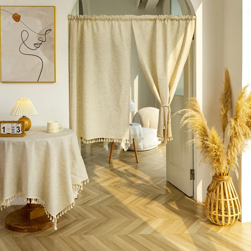 rideau cuisine polyester opaque moderne rustique tassel beige clair texture lin franges intégré fenêtre