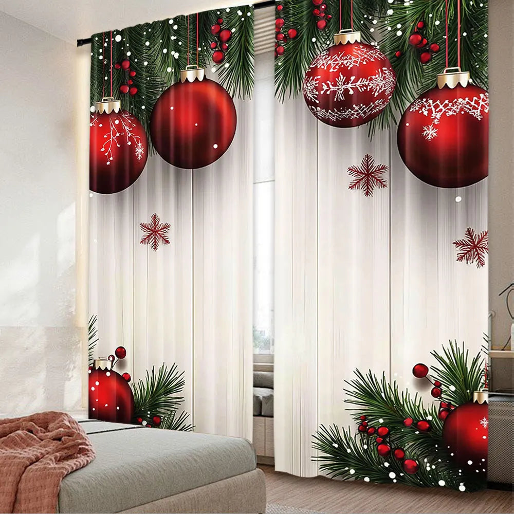 rideau noël rouge blanc vert boules sapin flocons baies translucide deux pièces