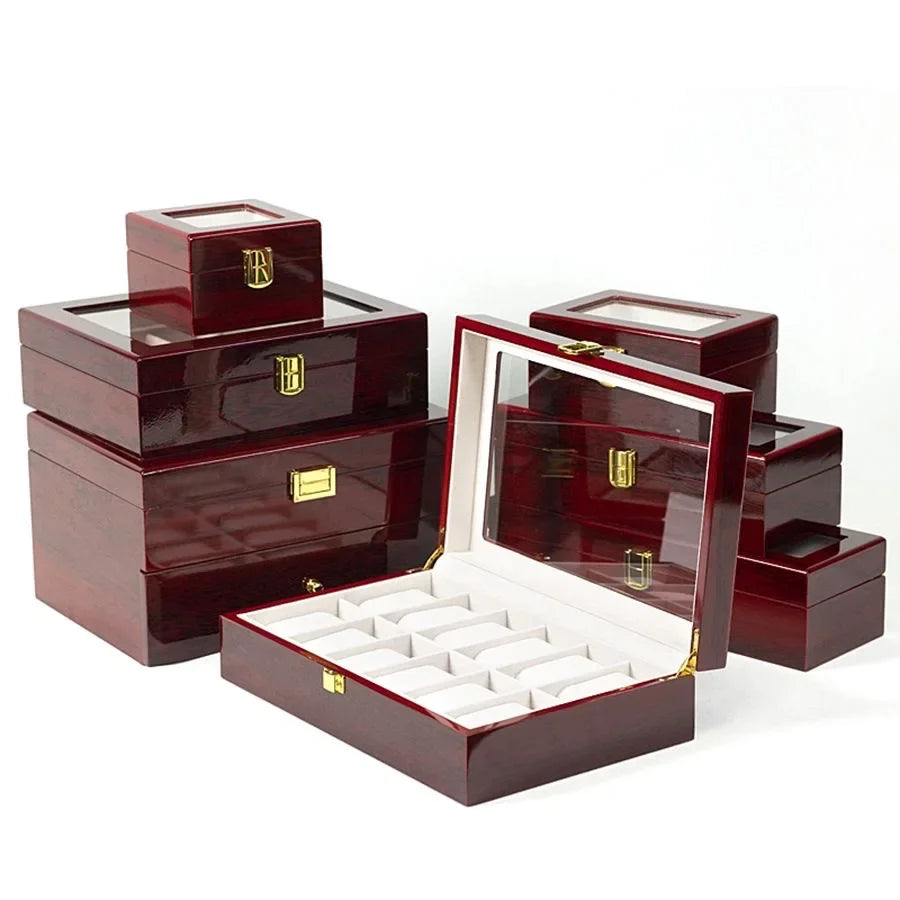 boîtes montres marron foncé compartiments classiques poignées dorées écologiques rangement voyage