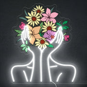 Enseigne au néon fleur femme tenant des fleurs - Décoration murale LED esthétique pour chambre