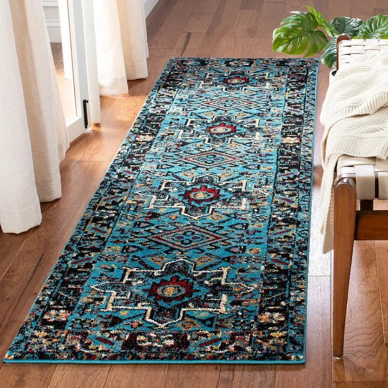 tapis géométrique bohème rouge bleu noir polyester salon chambre moderne