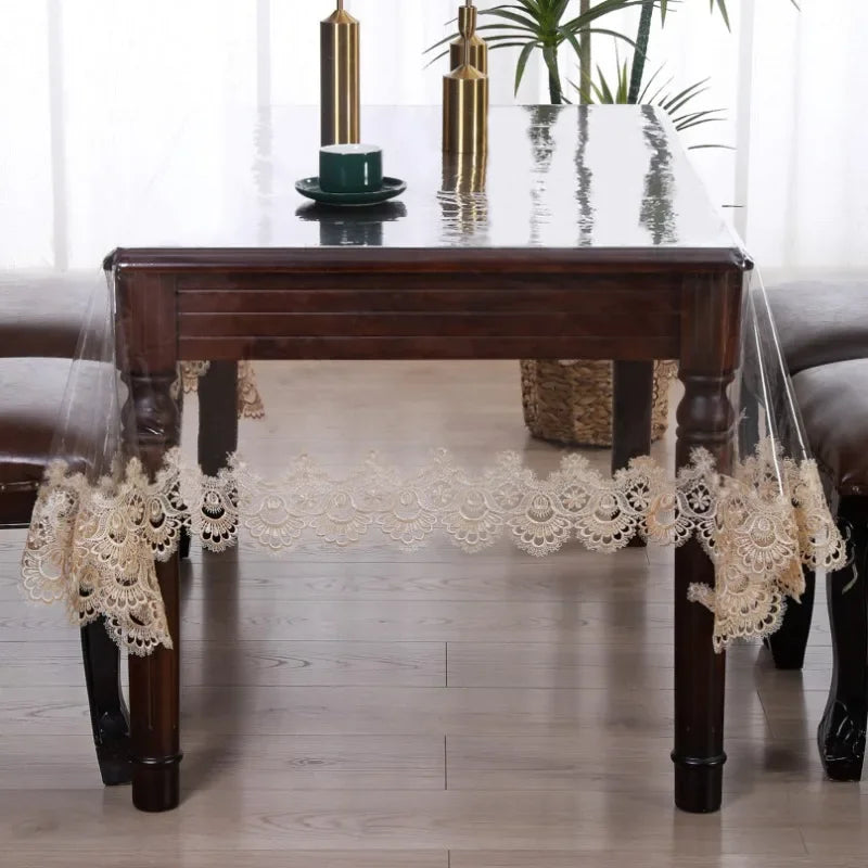 nappe table rectangulaire transparente dentelle beige pvc imperméable salle manger classique