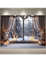 Fond de filet Noël fenêtre neige sapin polyester blanc