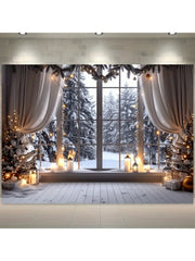 décoration murale hiver noël blanc sapins enneigés rideaux fenêtre festive