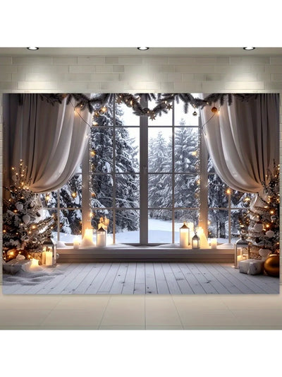 Fond de filet Noël fenêtre neige sapin polyester blanc
