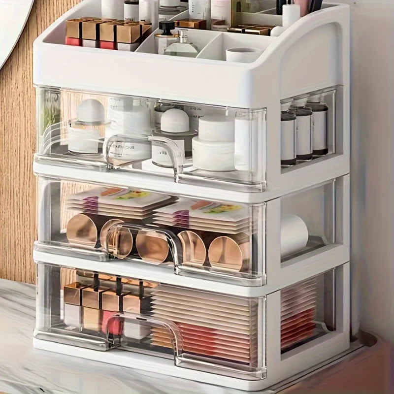 organisateur tiroirs rangement maquillage produits beauté blanc moderne minimaliste cotons pinceaux masques transparents