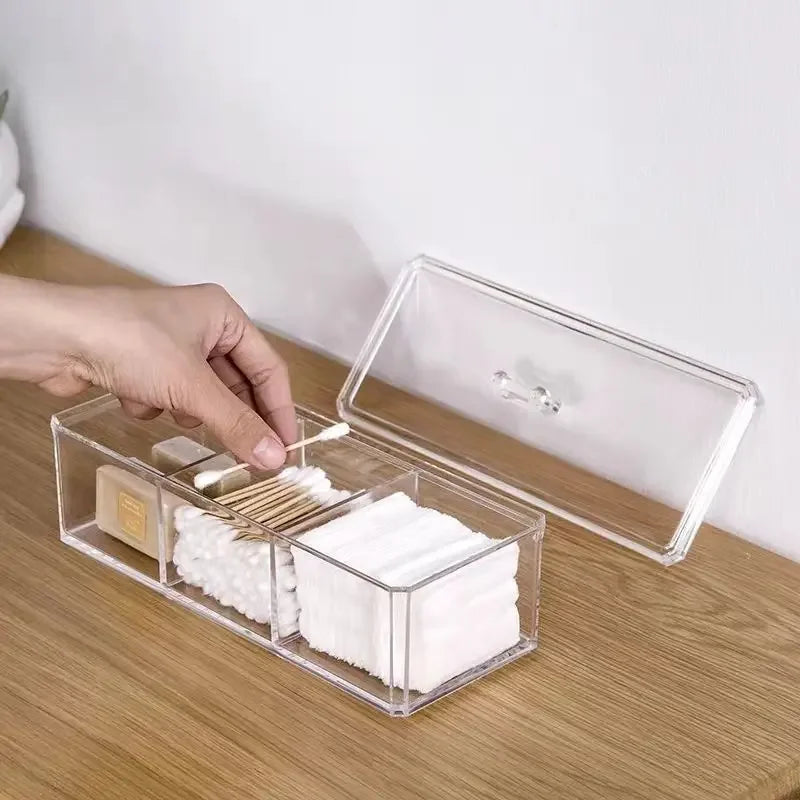 boîte rangement transparente multi compartiments clips moderne bâtonnets coton serviettes papier savon minimaliste organisation