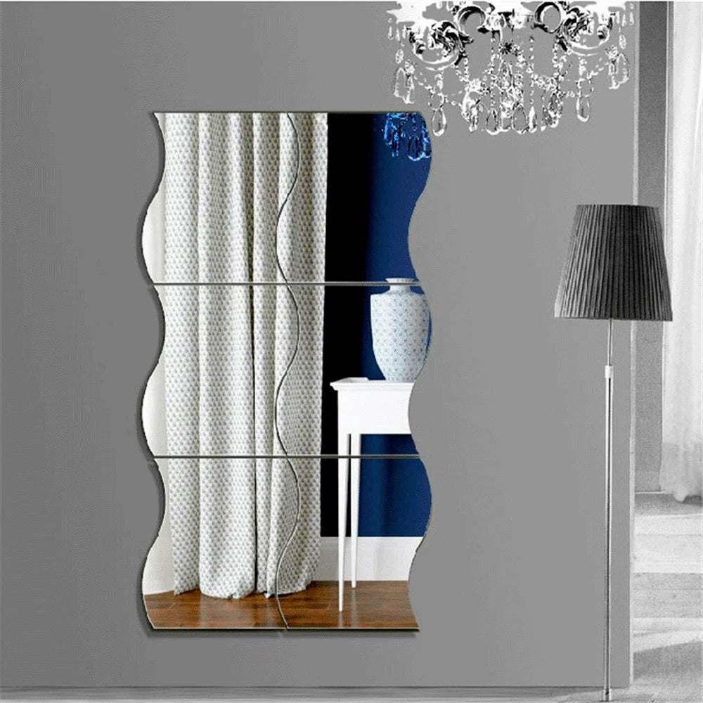 miroir argenté moderne adhésif ondulé décoration murale salle bain chambre 12x10cm set stickers