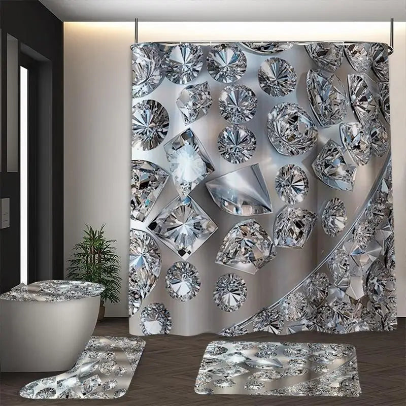 rideau douche moderne diamants gris blanc tapis antidérapant ensemble pièces crochets