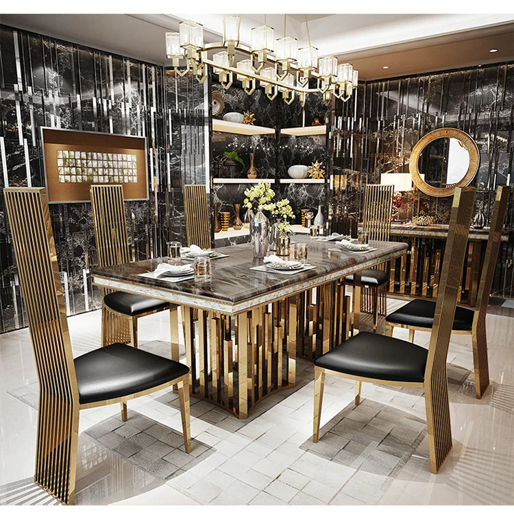 ensemble salle manger marbre métal doré table haut dossier chaises moderne minimaliste