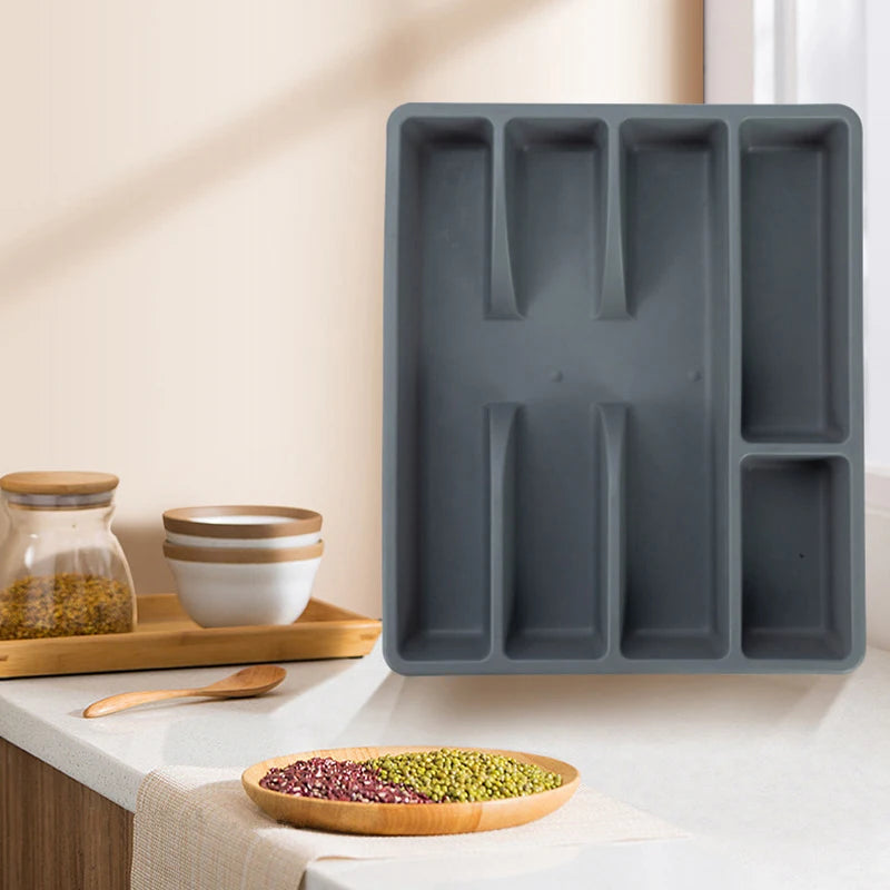 organisateur couverts gris moderne vaisselle rangement fourchettes cuillères baguettes soupe dessert cuisine