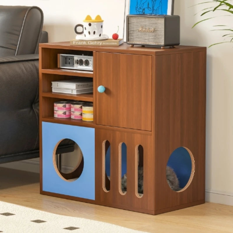 rangement moderne meuble bas multi compartiments minimaliste bois marron foncé bleuclair opaque