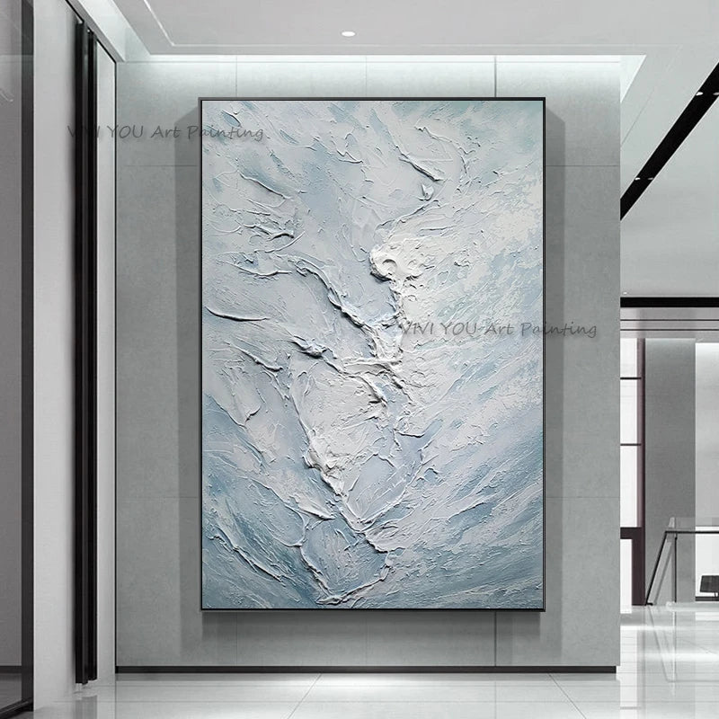 peinture l'huile abstraite vague bleu clair gris moderne texture rugueuse toile rectangle vertical sans