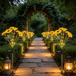 décoration extérieure solaire moderne bouquet lumineux jaune vert tringle métallique fleurs feuilles paysagère