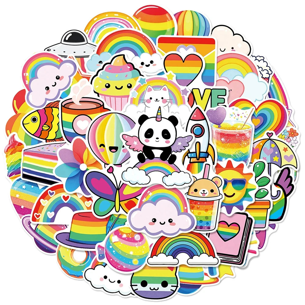 sticker mignon dessin animé arc ciel multicolore coeur nuage papillon 30pcs