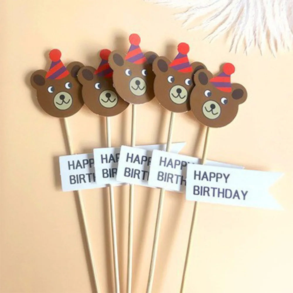 décorations gâteau happy birthday multicolore nounours chapeau banderoles géométriques festives piquées bois