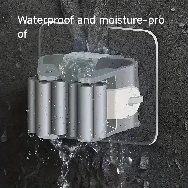 porte balai adhésif support murale rangement moderne salle bain outils nettoyage hooks gris clair