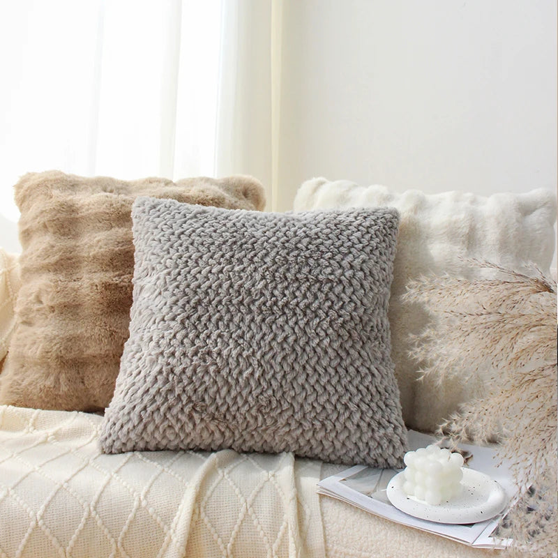 coussin peluche gris moderne 45x45cm simple motif géométrique décoration intérieure farmhouse