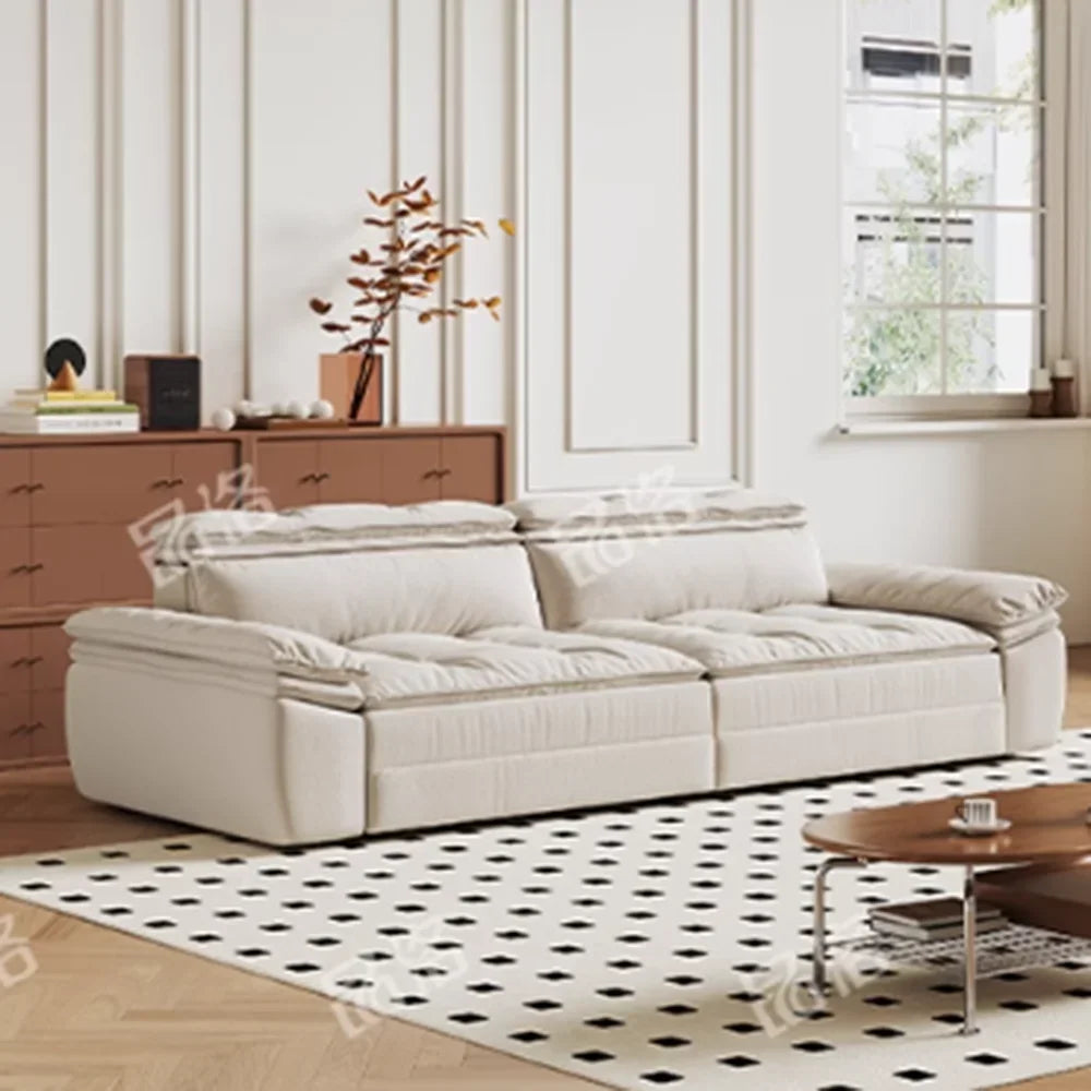 canapé moderne tissus composites beige motif palmiers fixations coussins dimension 280cm