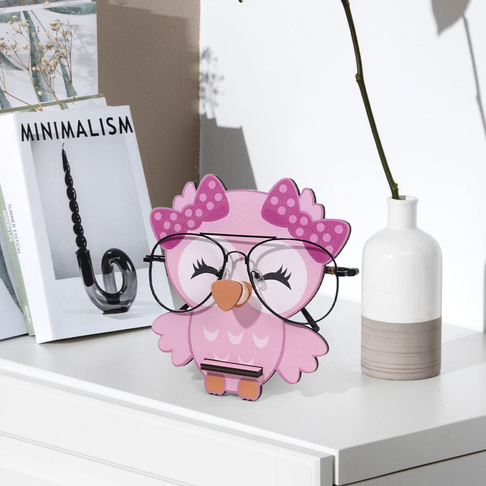 présentoir lunettes forme chouette kawaii rose marron bois décoratif maison plumes nœuds mignon
