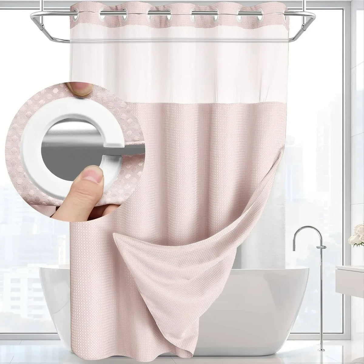 rideau douche moderne blanc translucide polyester 183x190cm anneau intégré