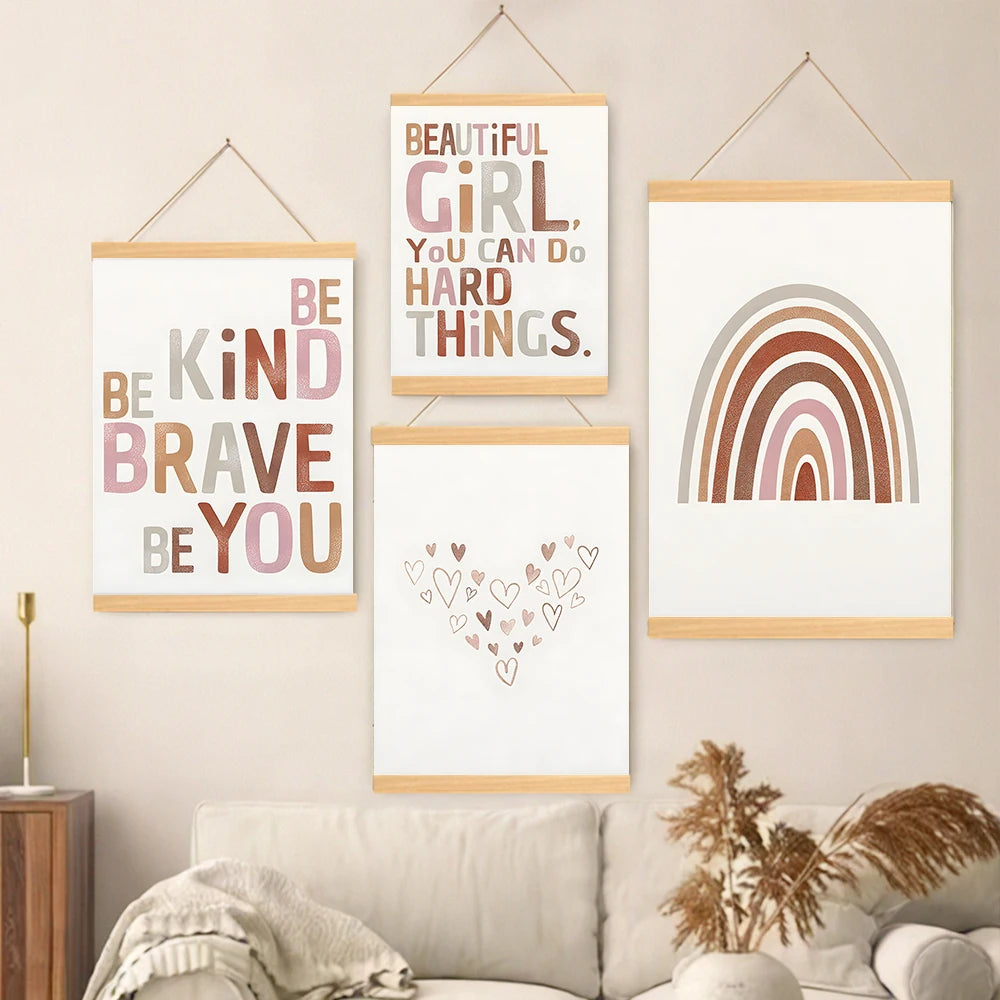 Cadres murals modernes minimalistes texte arc ciel coeurs blanc beige marron rose gris toile