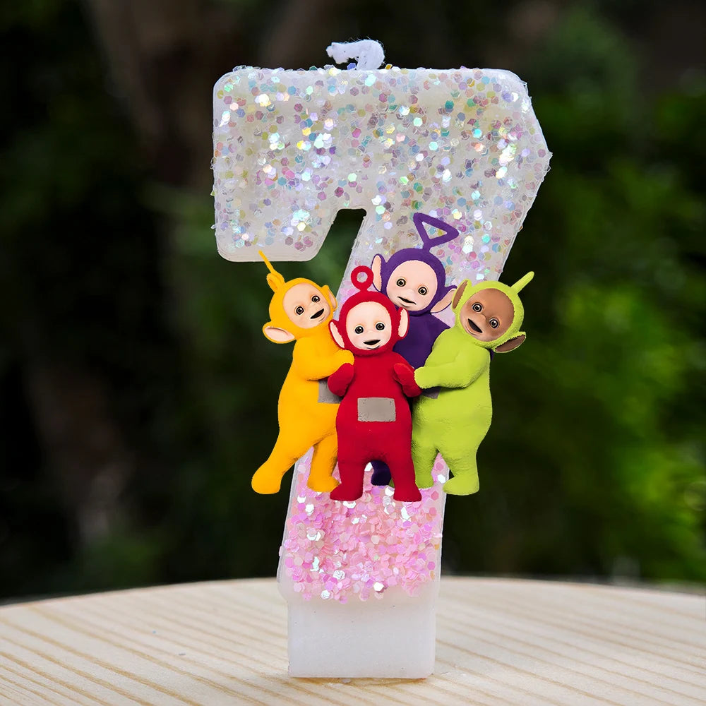 bougies décoratives teletubbies anniversaire enfant blanc rose pailletées brillantes multicolores personnages