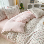 ensemble literie coton blanc rose fleurs moderne doux housse couette taies oreillers ruban serrage