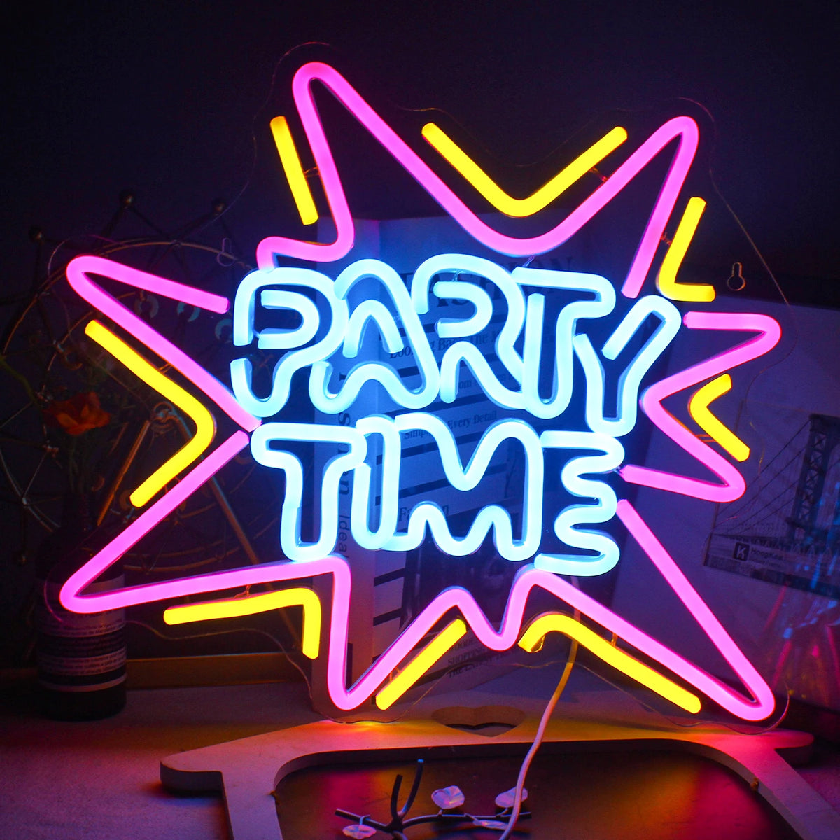 enseigne lumineuse led transparente moderne décoration intérieure party rose bleu jaune graphique câble usb