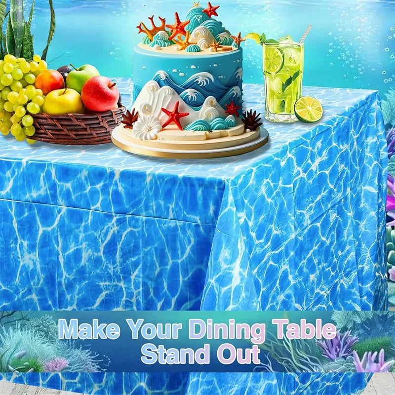 nappe table thème océan rayures bleu moderne coquillages bouteille vin plage anniversaire bébé