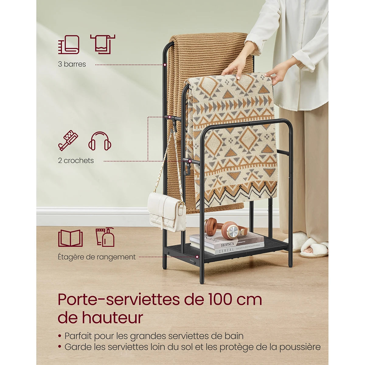 Étagère et crochets du portant serviette salle de bain