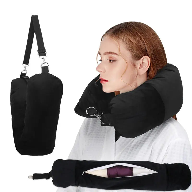 oreiller voyage confortable velours noir ajustement cou poche rangement portable solide
