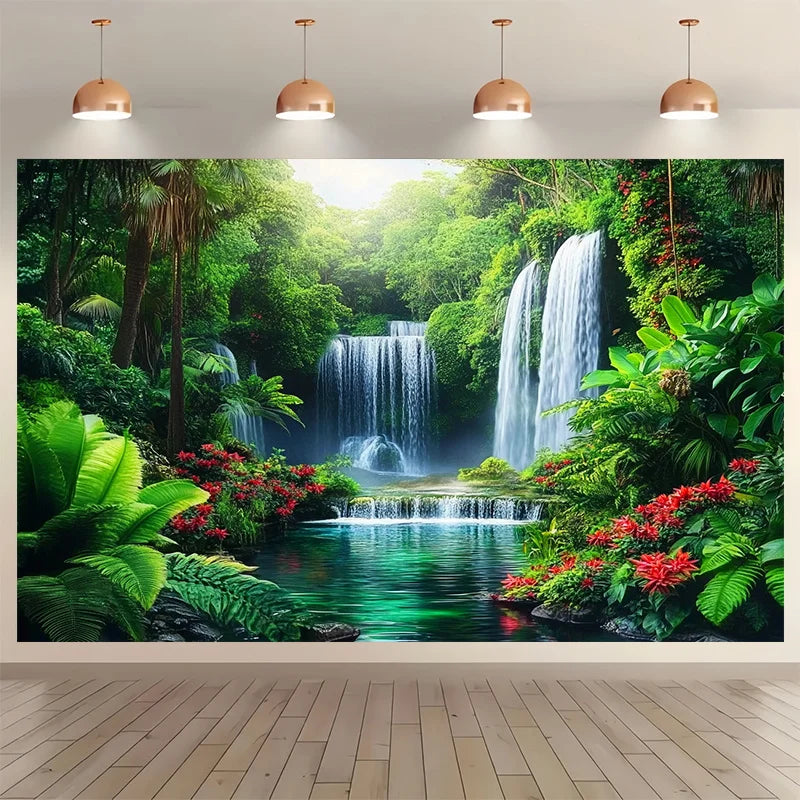 toile panoramique paysage naturel cascades végétation luxuriante impression numérique vert blanc rouge noir