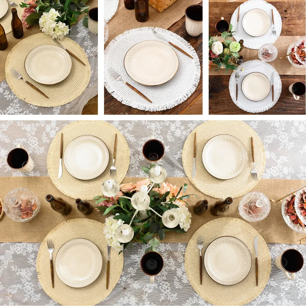 tapis table boho chic beige clair franges texture tissée sous verres ensembles sets deco