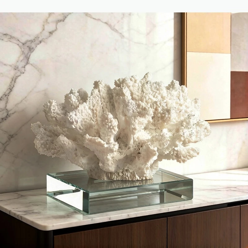 décoration corail artificiel blanc moderne minimaliste base marbre pied doré sculptureOpaque