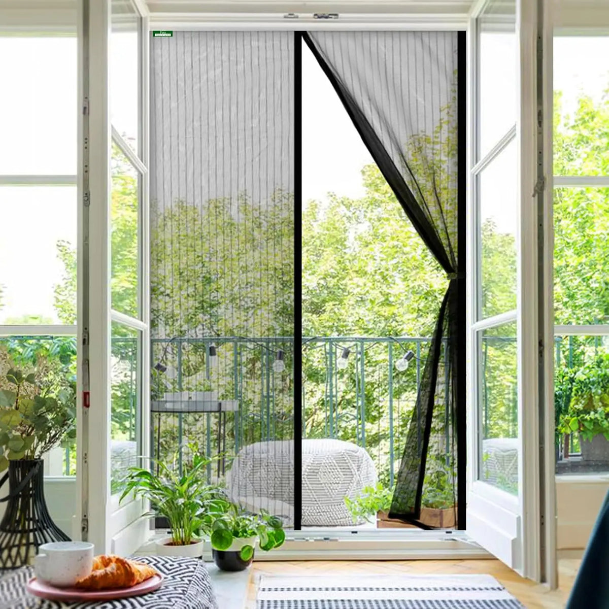 rideau moustiquaire gris noir velcro porte protection insectes sans perçage moderne