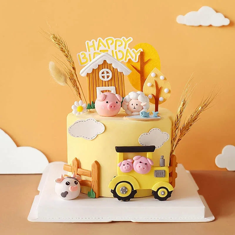 décoration gâteau anniversaire enfant porc mouton maison arbre champignon nuages train vert rouge