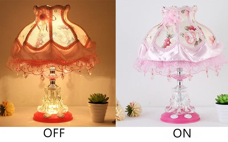 lampe table vintage rose chambre enfant abat jour dentelle interrupteur bouton led romantique chambre