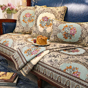 housse canapé jacquard brodée motifs floraux bleu beige anti dérapant coussins classique ornementé