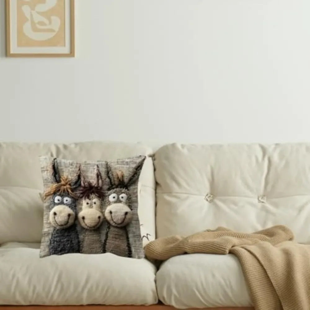 taies d'oreillers animaux souriants gris beige lit maison polyester rustique opacité non toxique fixations